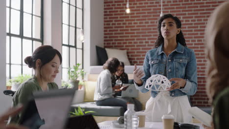 hispanic business woman presenting geodesic dome model in office meeting engineers brainstorming creative design solution discussing ideas in startup workplace presentation