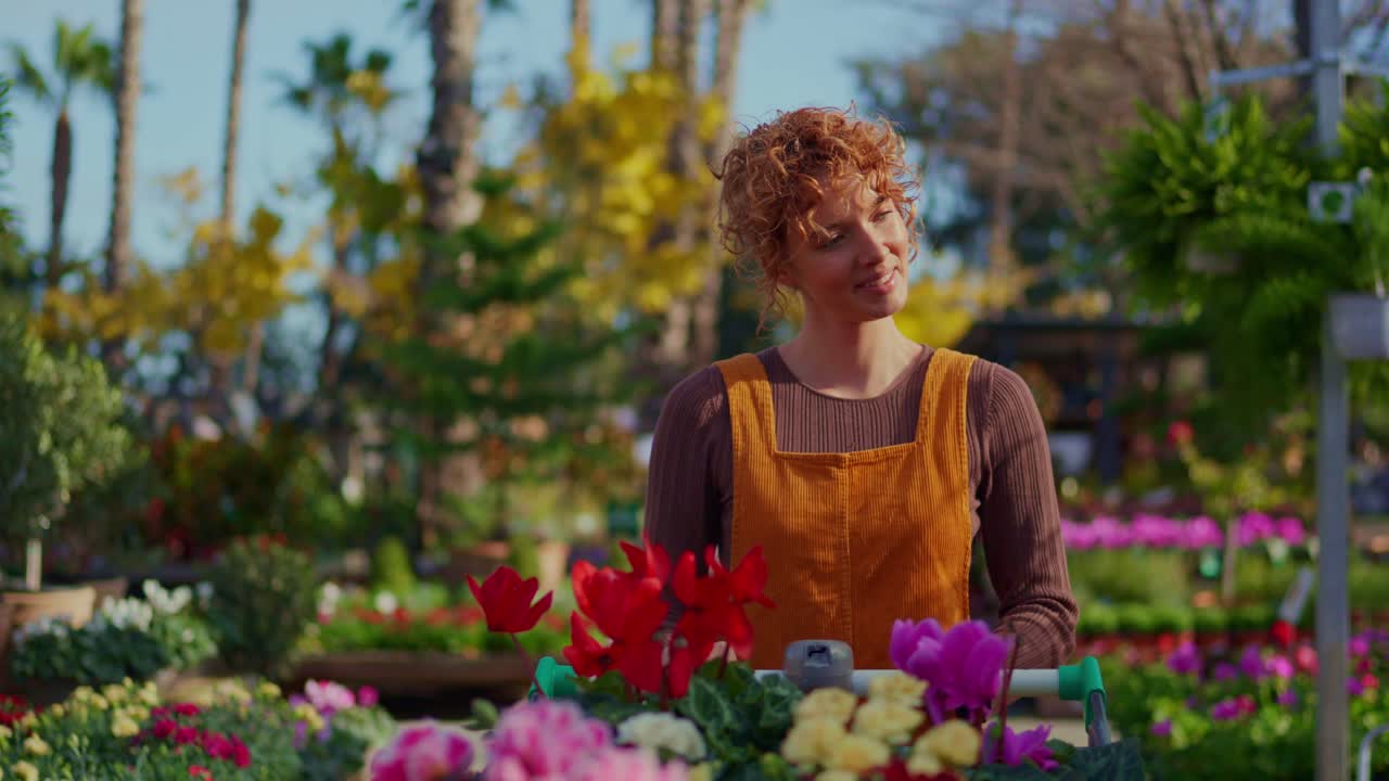 Donna in un garden center circondata da fiori