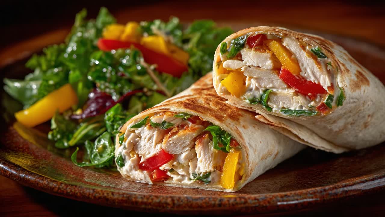 Deliciously Wrapped Chicken and Vegetable Burrito on a Rustic Plate with a Fresh Garden Salad, Showcasing Flavorful Ingredients and Culinary Artistry