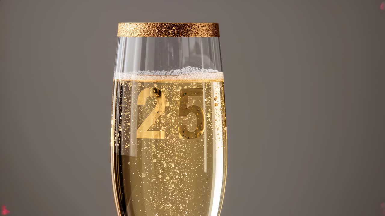 Nucleating tall champagne flute sending steady rising stream in studio, showing gold 25 celebration