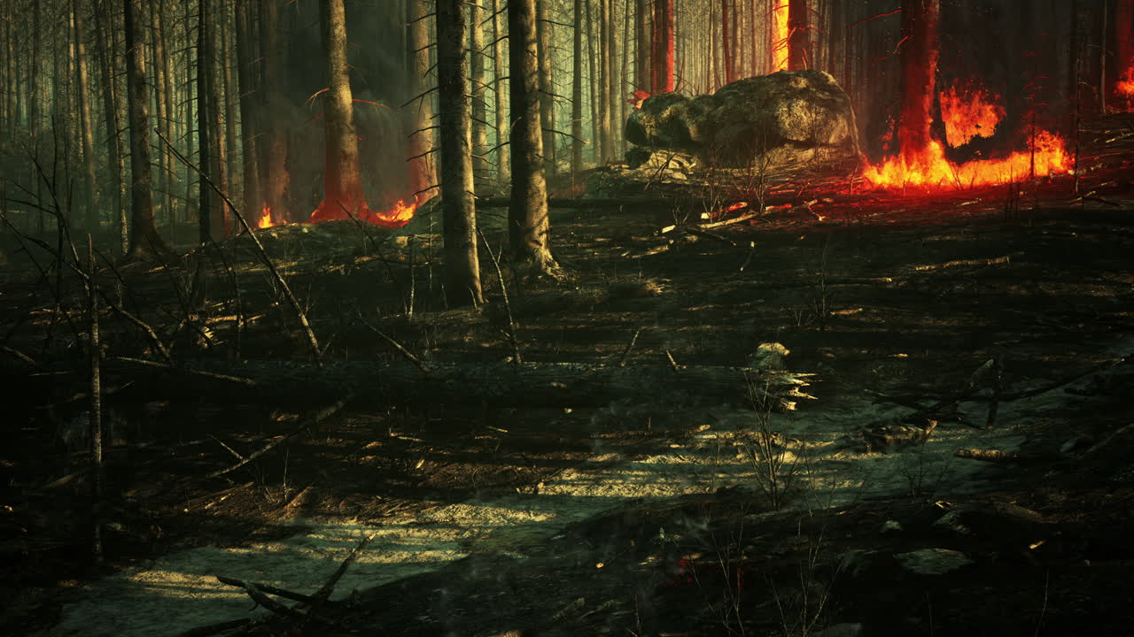 산불 후 불타는 나무와 함께 산불