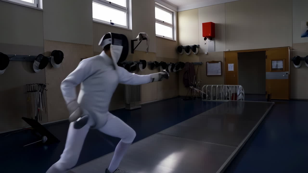 A fencer performing a lunge during a training session