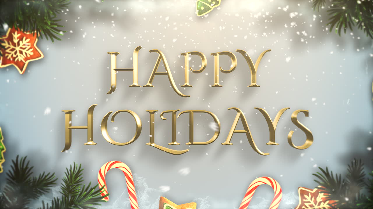 Happy Holidays text with green tree branches and toys 1