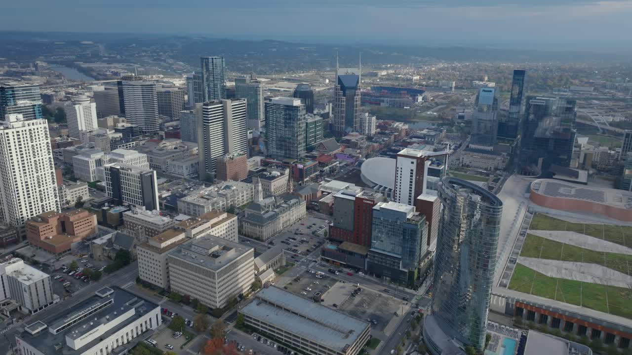Aerial view of Nashville skyline on a cloudy day showcasing urban landscape