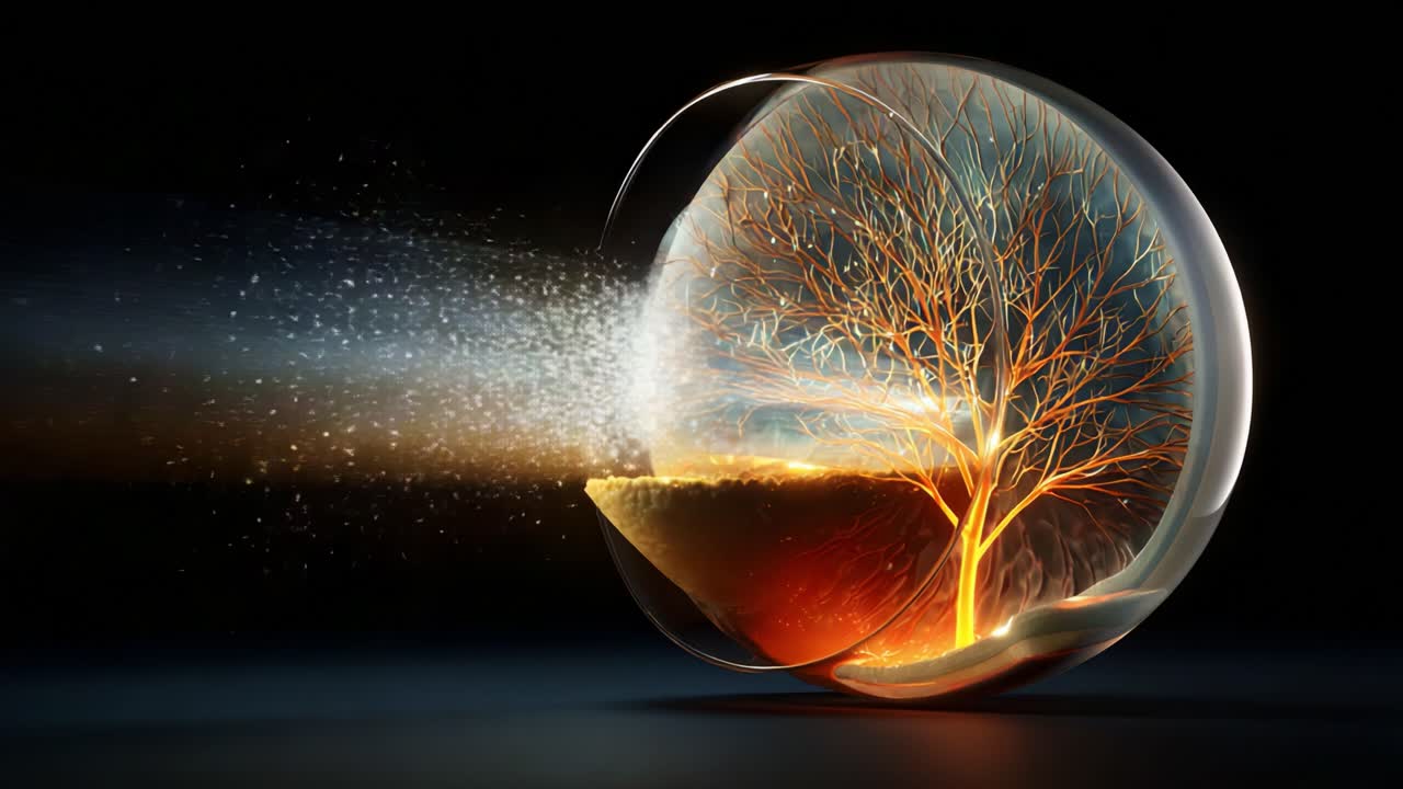 An Enchanting Vision of Nature's Resilience: A Glowing Tree Encased within a Crystal Sphere, Effortlessly Merging Elements of Light and Life Against a Dark Background