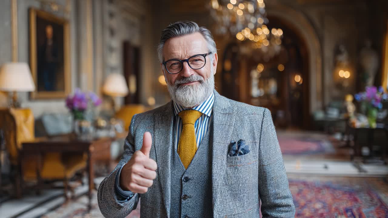 Celebrating Elegance: A Distinguished Gentleman Exhibits Confidence and Charisma in a Lavishly Decorated Interior Exuding Sophistication and Charm