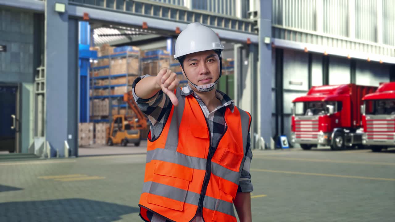 Asian Male Engineer With Safety Helmet Showing Thumbs Down Gesture And Shaking His Head While Standing , Outside of Logistics Distributions Warehouse