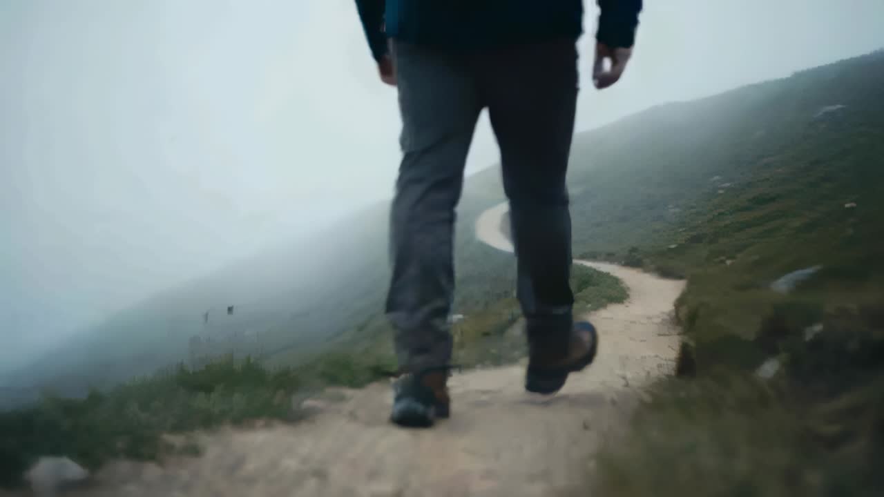 Low rear camera tracking single walker striding along misty trail heading into fog, wearing boots