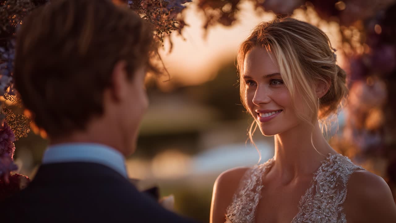 Una bellissima sposa che si scambia sguardi innamorati durante un'intima cerimonia al tramonto, circondata da splendide composizioni floreali e da una dolce atmosfera romantica