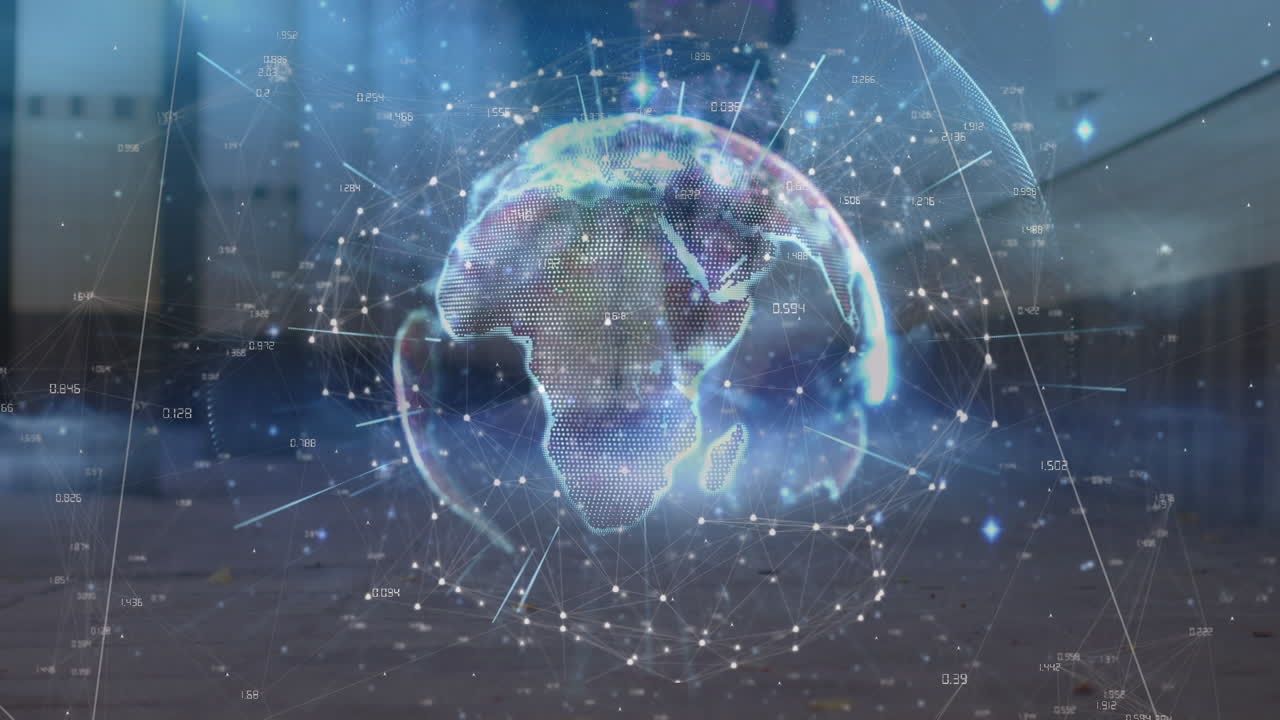 animación de rastros de luz sobre un globo contra la vista trasera de una mujer afroamericana en forma corriendo