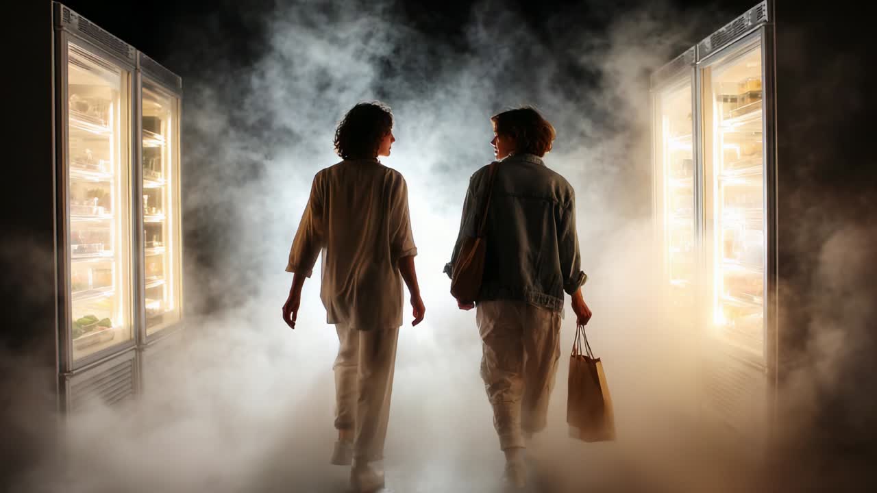 Two individuals walk toward illuminated refrigerated displays, surrounded by a dense layer of fog. Their silhouettes create a mysterious atmosphere as they explore an unexplored realm of discovery