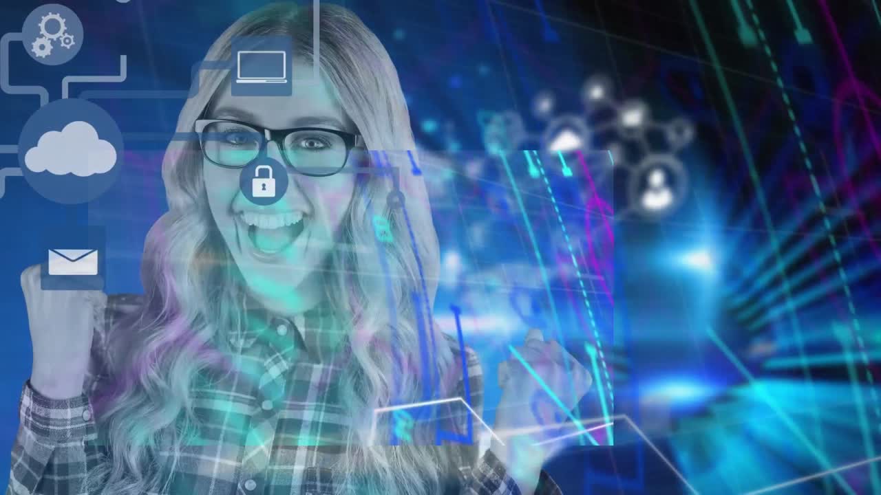 animación de iconos y formas sobre mujeres caucásicas exitosas y datos diversos en pantallas digitales.