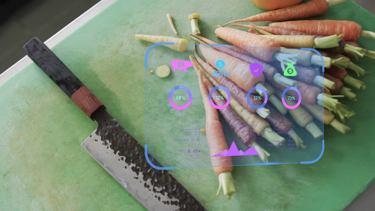 Baby carrots sparking AR panels, icons sliding, camera panning toward bowl, showing prep data