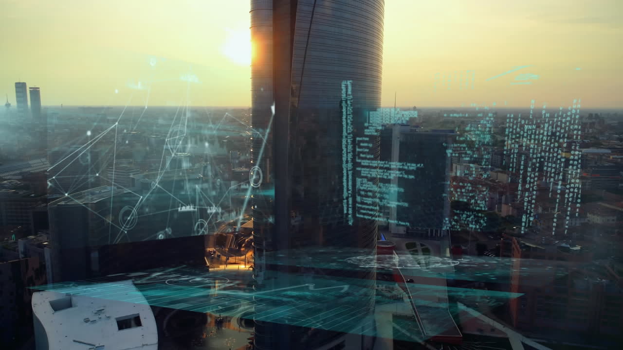 Animation of information and data processing on digital interface over city at sunset