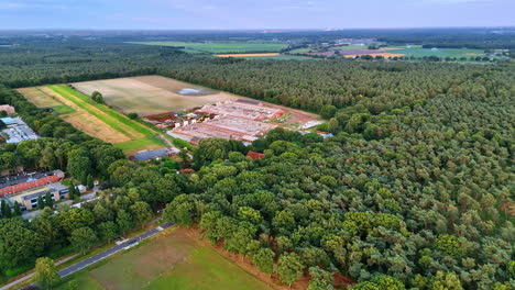 countryside forest view. vast green fields surround a cluster of buildings, framed by dense trees under a clear sky in the countryside