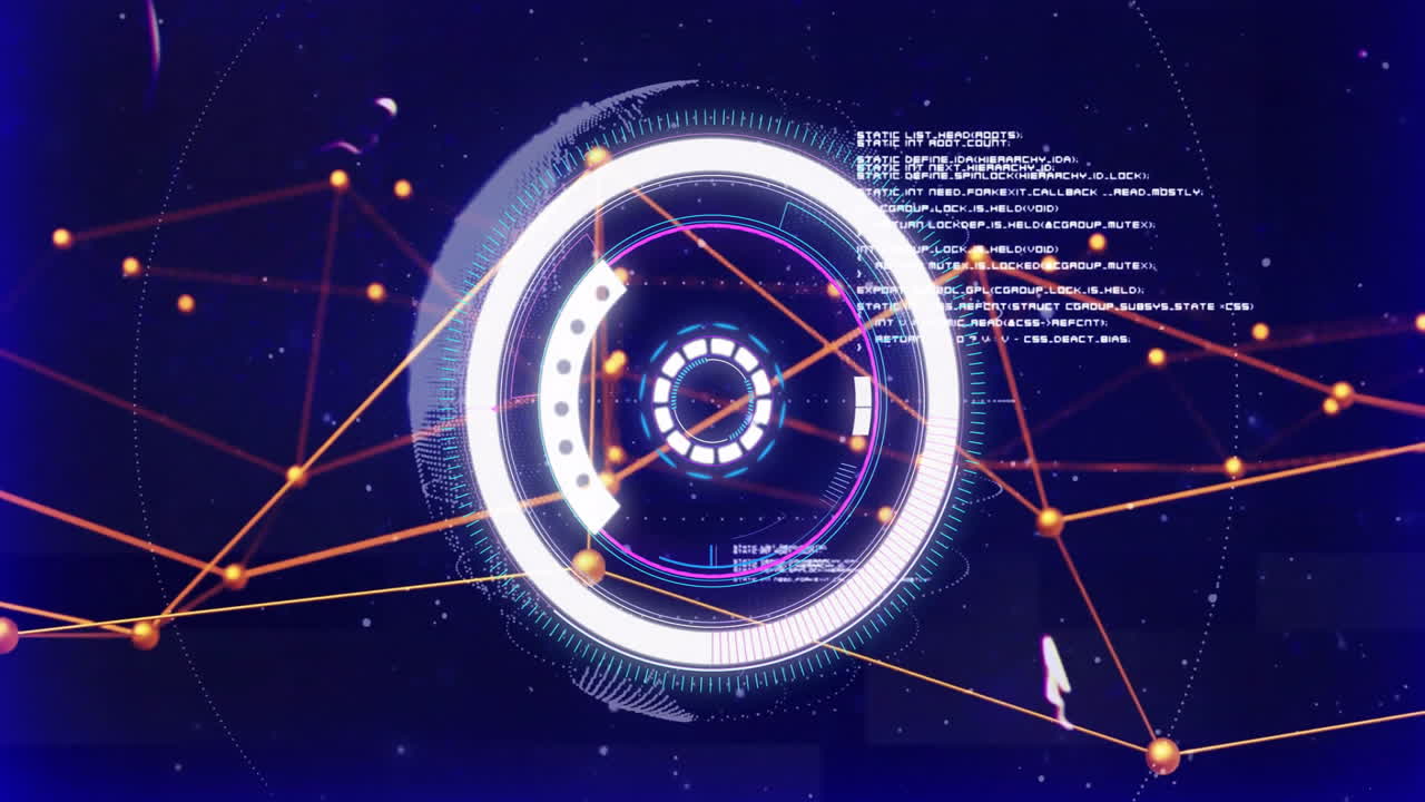 interface digital futurista com elementos rotativos e animação de processamento de dados