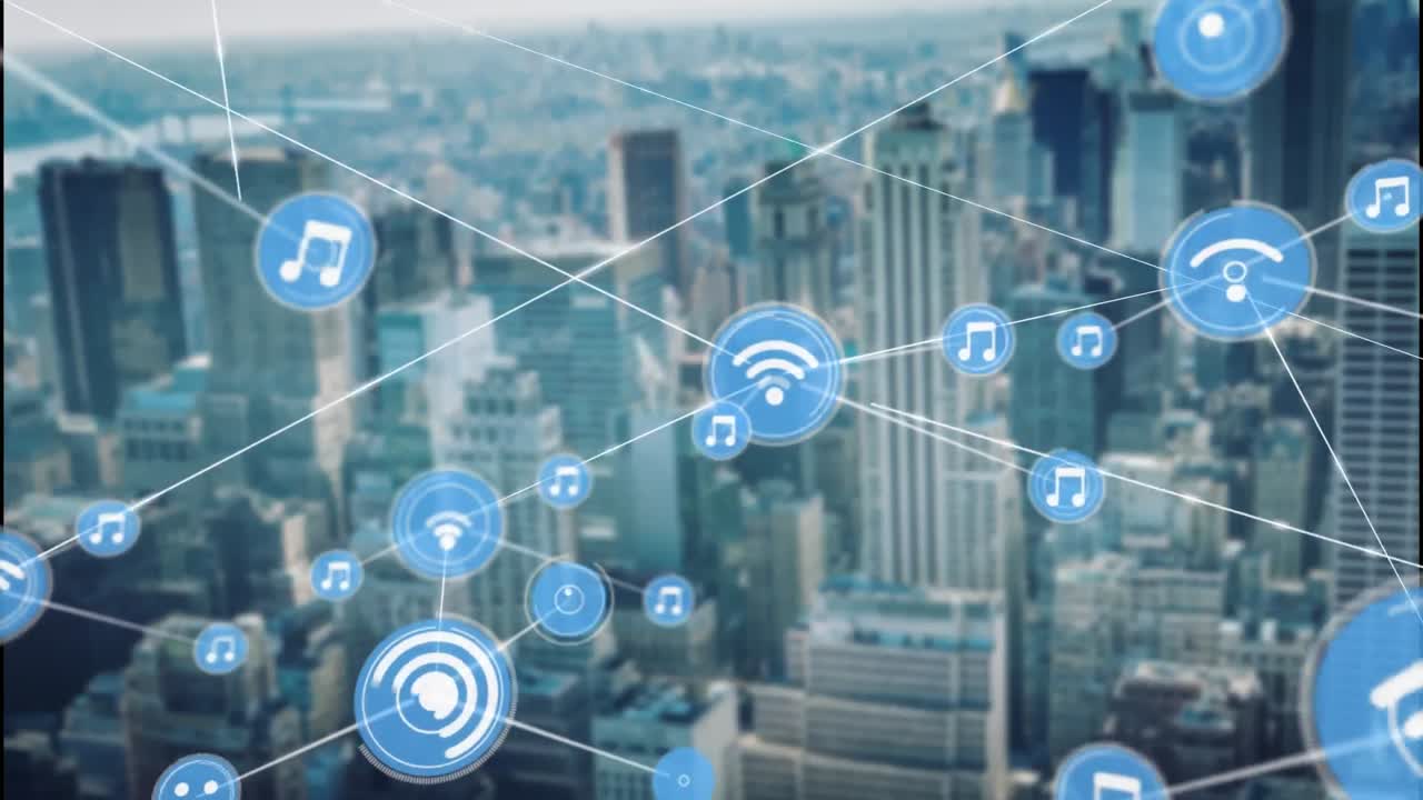 Animation of network of connections over cityscape