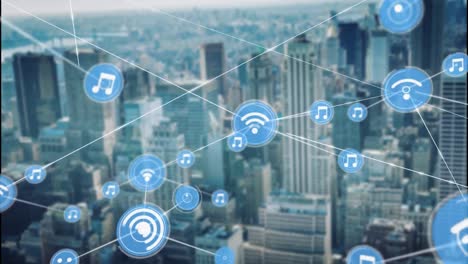 animation of network of connections over cityscape