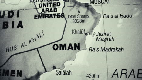 close-up detail of a map focusing on oman and the arabian peninsula
