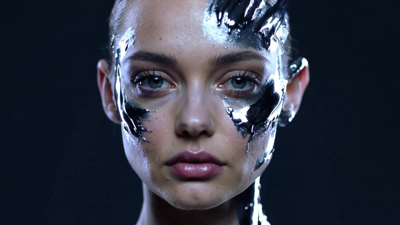 Camera filming model rotating closer to camera in dark studio showing wet black paint texture