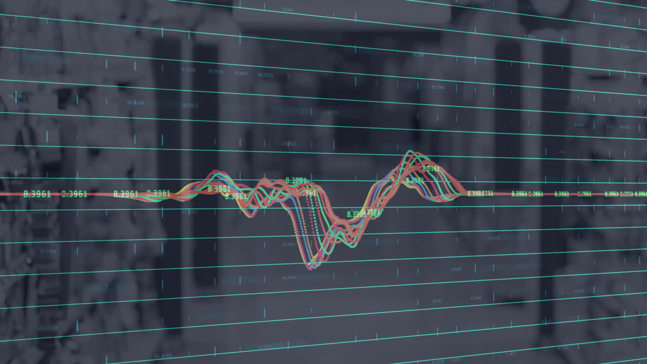 animación del procesamiento de datos financieros sobre los interiores de las tiendas