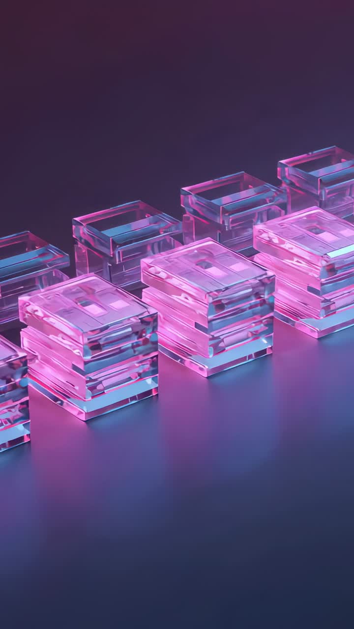 Vertical video: Dollying camera bringing glass cubes forward on tabletop, neon glow intensifying
