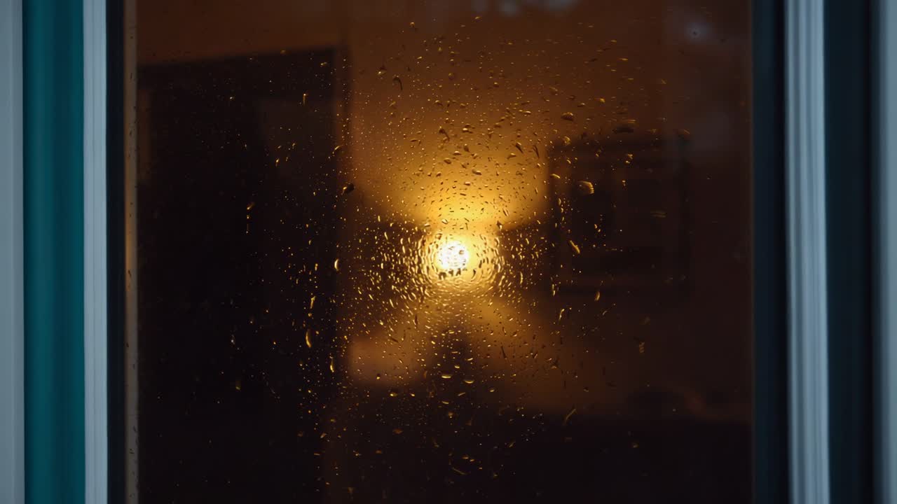 Rain causing droplets merging and streaking on wet glass, amber halo and teal jambs aiding film
