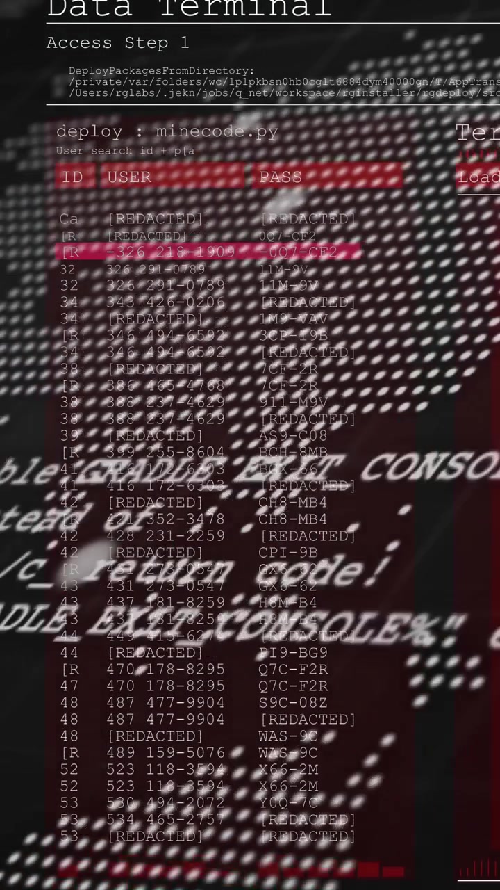 Vertical video: Mesh moving, revealing terminal UI, deploy showing, red bar selecting passcode