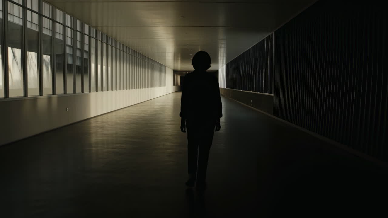 Backlit Corridor Silhouette Walking Toward Light, Long Shadows Stretching Across Minimalist Floor And Windowed