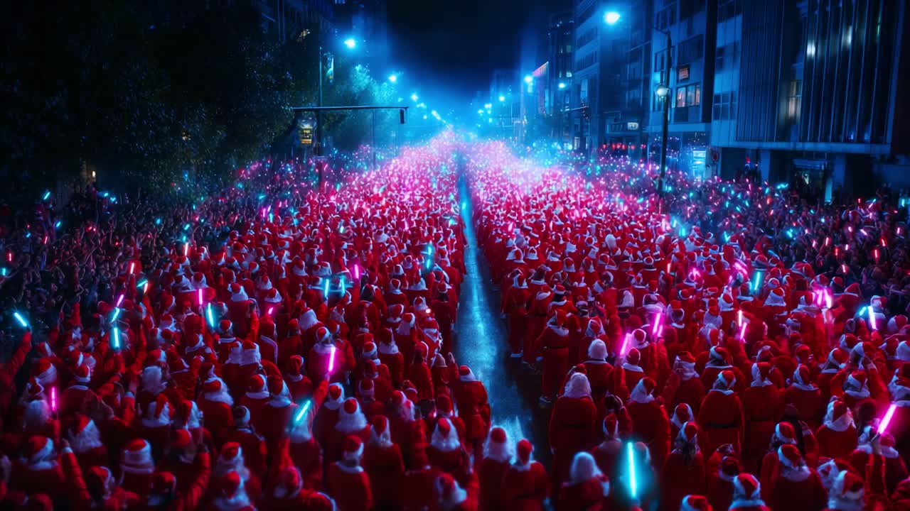 A Festive Night: An Enormous Crowd Dressed in Red and White Santa Costumes Takes Over the City Streets, Illuminated by Colorful Lights and Celebratory Spirit, Creating a Vibrant and Joyful Atmosphere