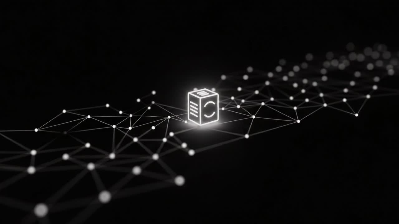 Illuminated Cubic Object on a Network Backdrop: An Abstract Representation of Digital Connectivity and Data Flow Through a Complex Grid of Points and Lines