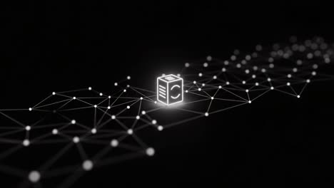 illuminated cubic object on a network backdrop: an abstract representation of digital connectivity and data flow through a complex grid of points and lines