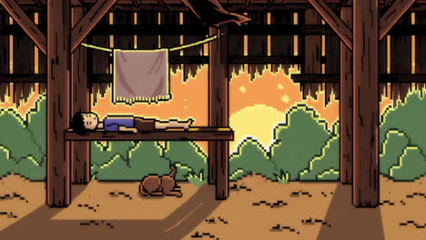 boy sleeping in a barn at sunset