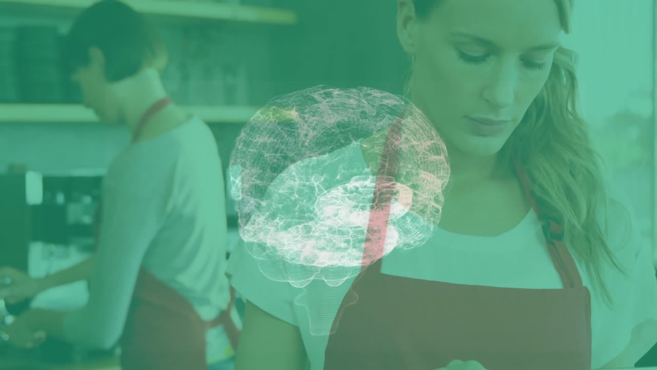 Barista scrolling tablet adjusting rotating brain hologram detail while colleague prepping espresso