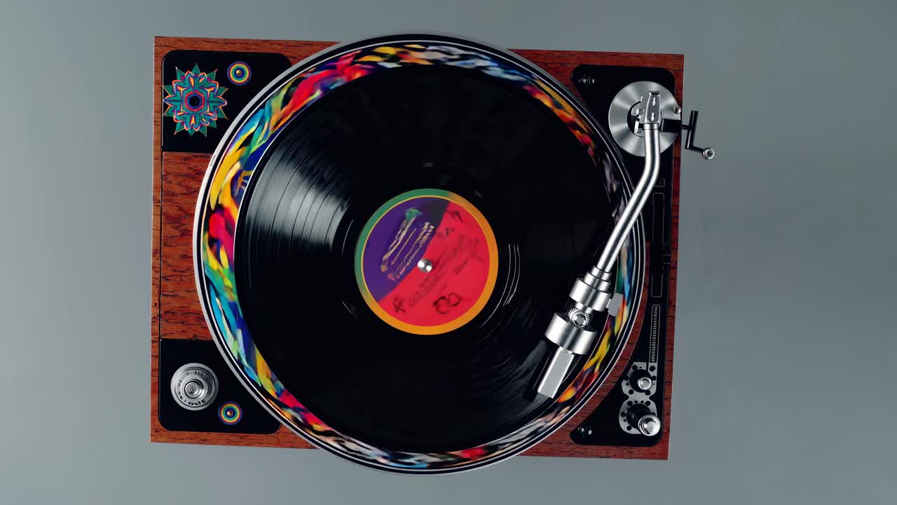 Oversiktsbilde av en vintage platespiller med en fargerik vinylplate som fanger en retro-vibe