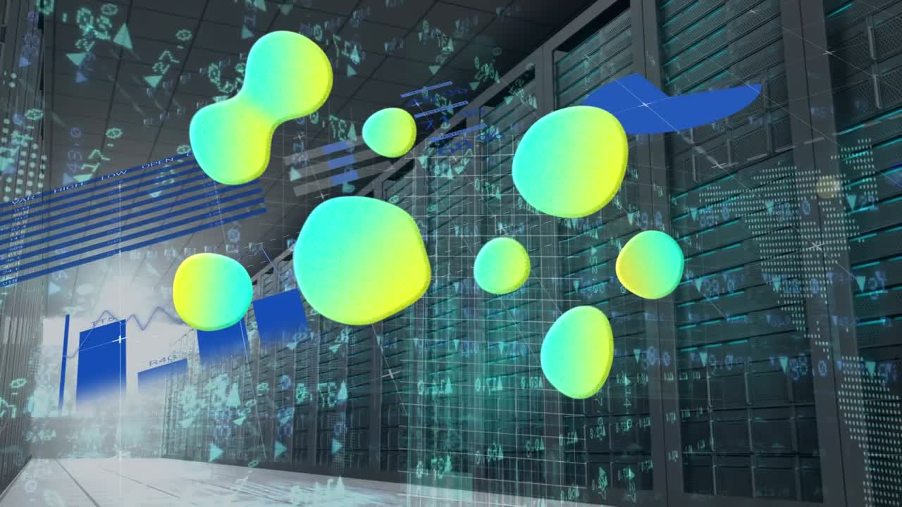 Animation of green spots and data processing over server room