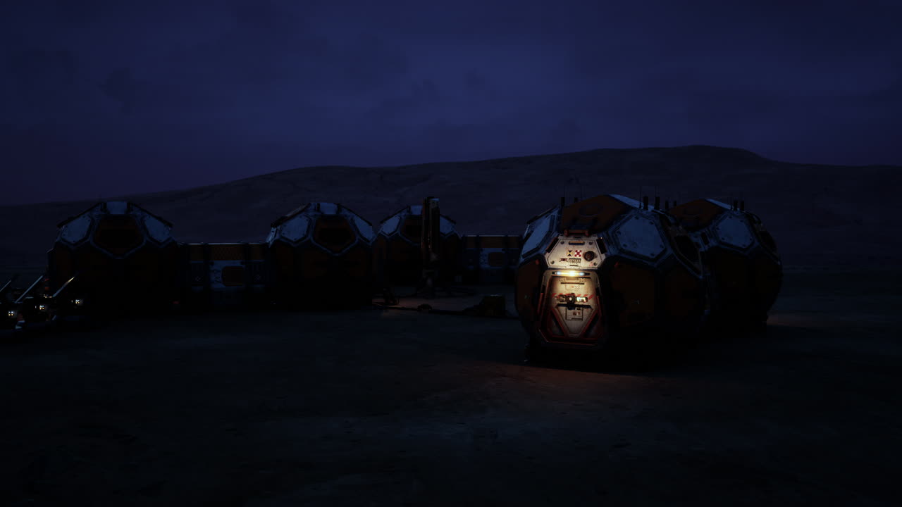 Mars colony base at twilight with illuminated habitation modules