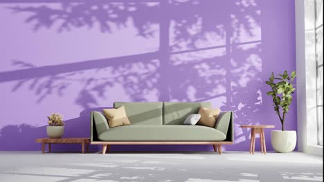 modern apartment living room with couch sofa and shadows of tree leaf moving on the wall by gently summer wind breeze rendering animation modern home smart house concept