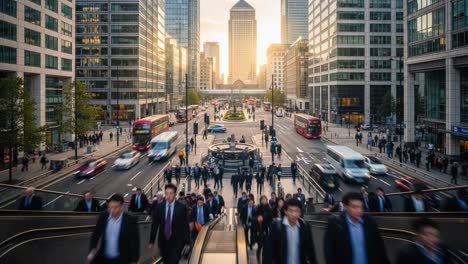 dynamic cityscape at sunset with bustling traffic and an escalator view in a modern financial district