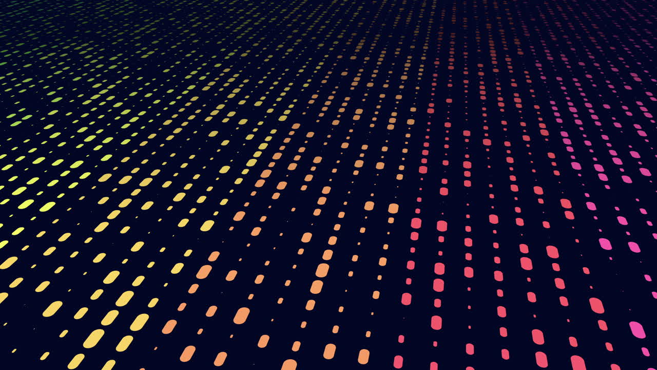 Abstract footage of a colorful dotted grid with glowing gradient lights on a dark background, forming a dynamic tech pattern for presentations, UI, and digital design