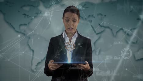 animation of globe of network of connections over caucasian businesswoman using tablet