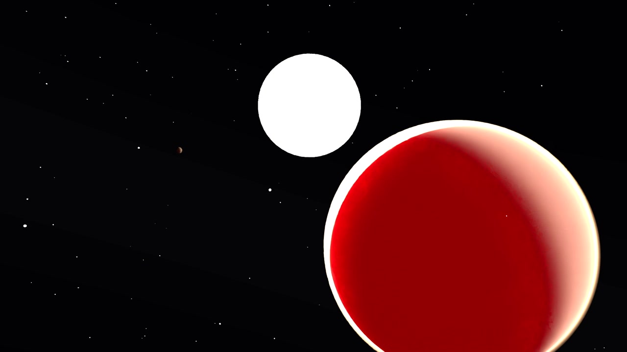 Emerging white moon sliding out from behind red planet in space, camera tightening showing growth