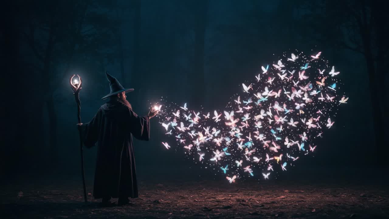 A Mysterious Sorcerer Casting Enchantment, Surrounded by Swirling Butterflies in a Dimly Lit Forest, Evoking a Sense of Magic and Wonder
