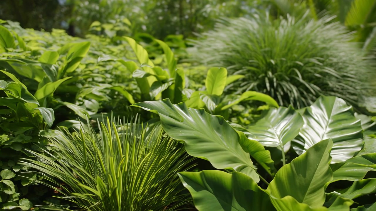 Vista ravvicinata del fogliame di un giardino tropicale illuminato dal sole, con foglie lucide e fronde di palma, che si muovono dolcemente attraverso una fitta vegetazione, arbusti stratificati, riflessi luminosi e una calma profondità naturale, con un'atmosfera da giungla e un ricco fogliame