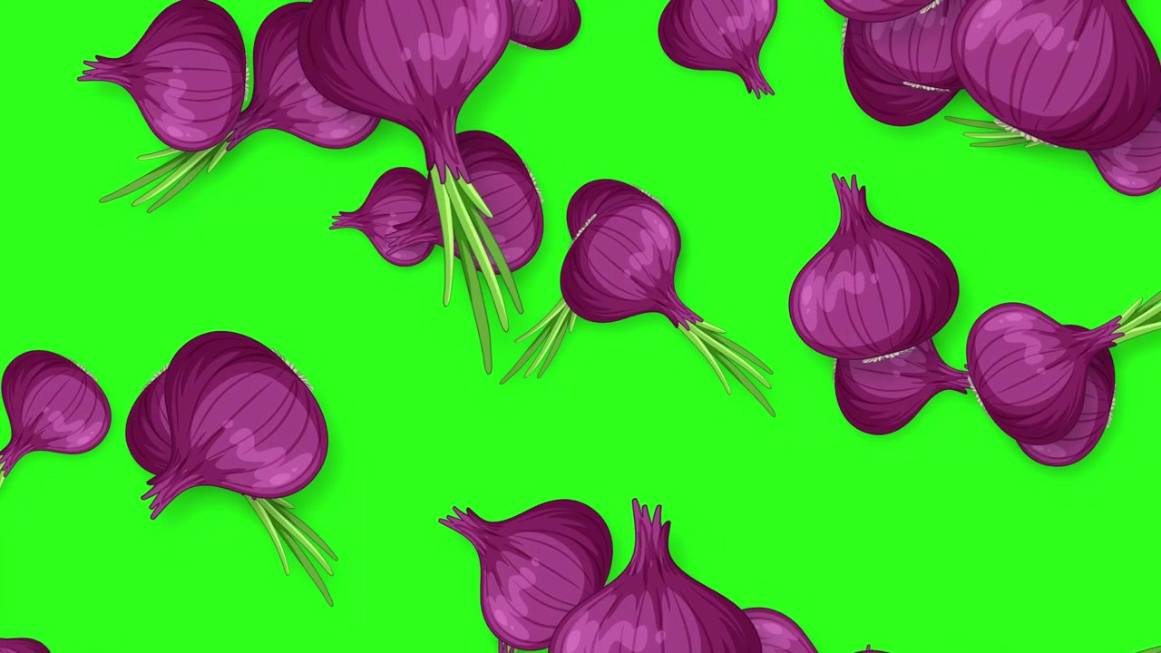 Cipolle rosse stilizzate cadono verticalmente su uno sfondo vibrante di schermo verde in un loop continuo.