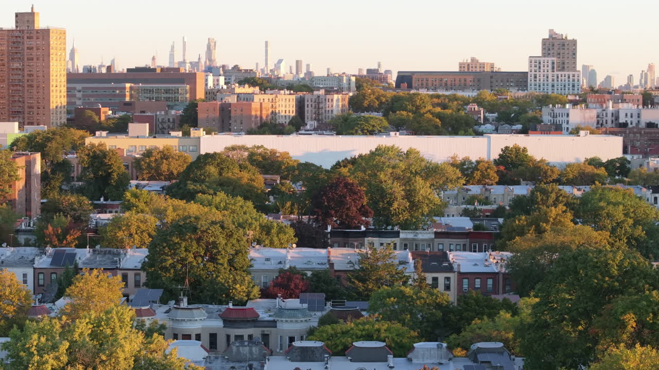 Aerial view of Brownstones in Brooklyn. Shot at sunrise in Crown Heights.