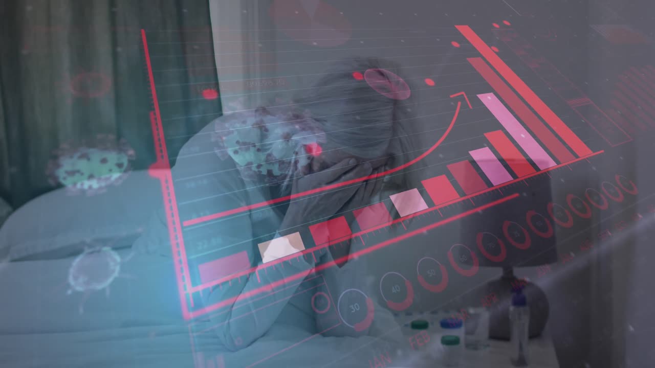 animación de células de virus sobre una mujer caucásica mayor en la cama