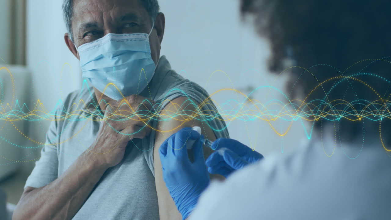 Receiving vaccination, elderly man with mask and nurse, data waves animation
