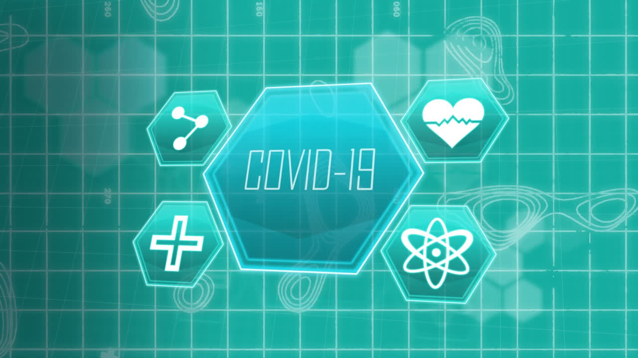 анимация синих медицинских икон над белой сеткой и движущимися белыми линиями