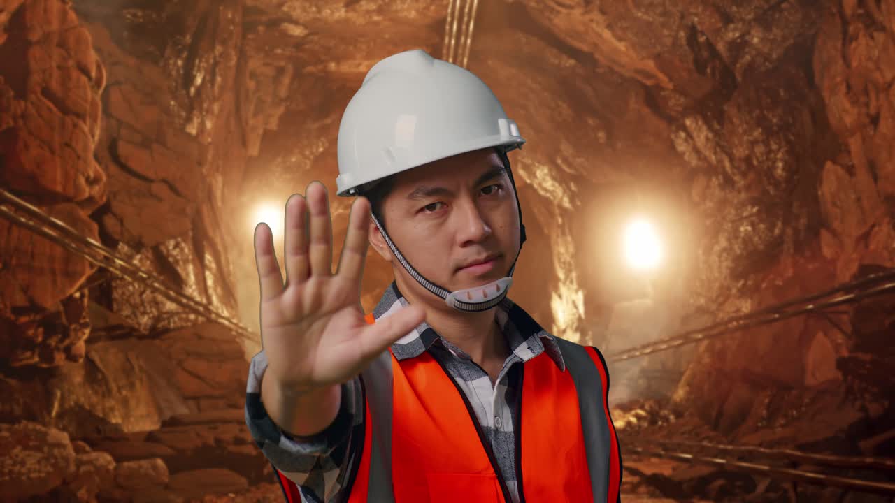 Close Up Of Asian Male Engineer With Safety Helmet Disapproving With No Hand Sign While Standing In Underground Mine Tunnel